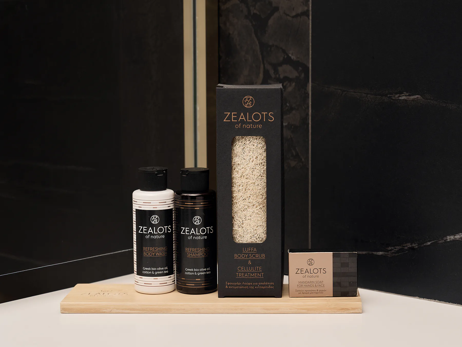 Luxury Zealots of Nature toiletries and bath essentials displayed in the Meltemi Villa bathroom.