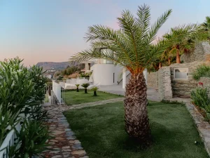  Pathway lined with palms and flowers leading toward the sea-view villas of Meltemi.